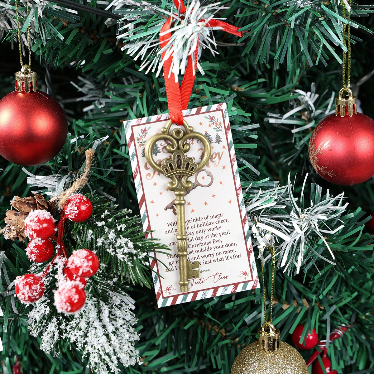 

20-Pack Santa's Magic Key with Cards for Christmas Metal Antique-Style Keys with Hanging Red Ribbon Christmas Tree Decoration