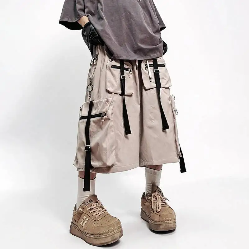 LUZHEN 2026 Summer Hip-hop Style Trendy Multi-pocket Straight Cargo Cropped Trousers Men's Fashion Ribbon Decorate Shorts JY7524