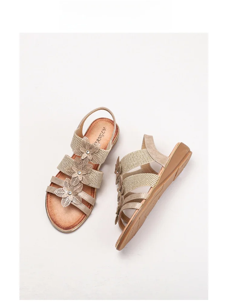 

Bohemian Flower Hollow out Wedge Heel Sandals Women Summer Color Rubbing Retro T-Strap Roman Style Open Toe Sandals