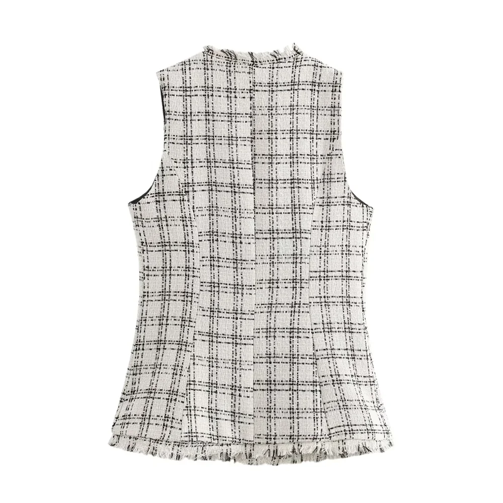 Women's  new 2024 fashionable  and casual  square neck plaid double breasted texture sleeveless vest