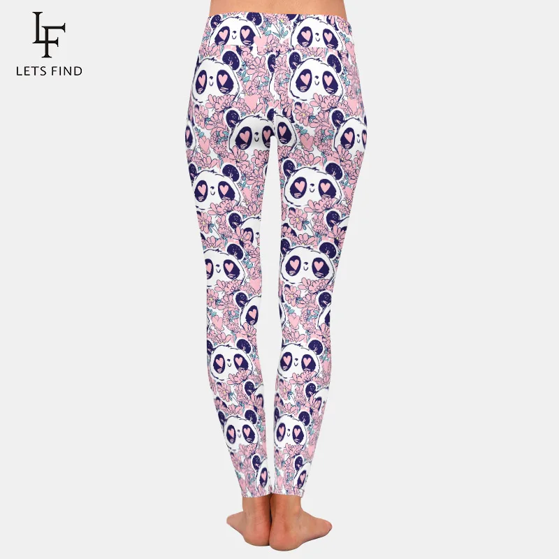 LETSFIND 3D Panda Bear and Flowers Print Slim Women Pants Fashion High Waist  Soft Fitness Elastic Leggings