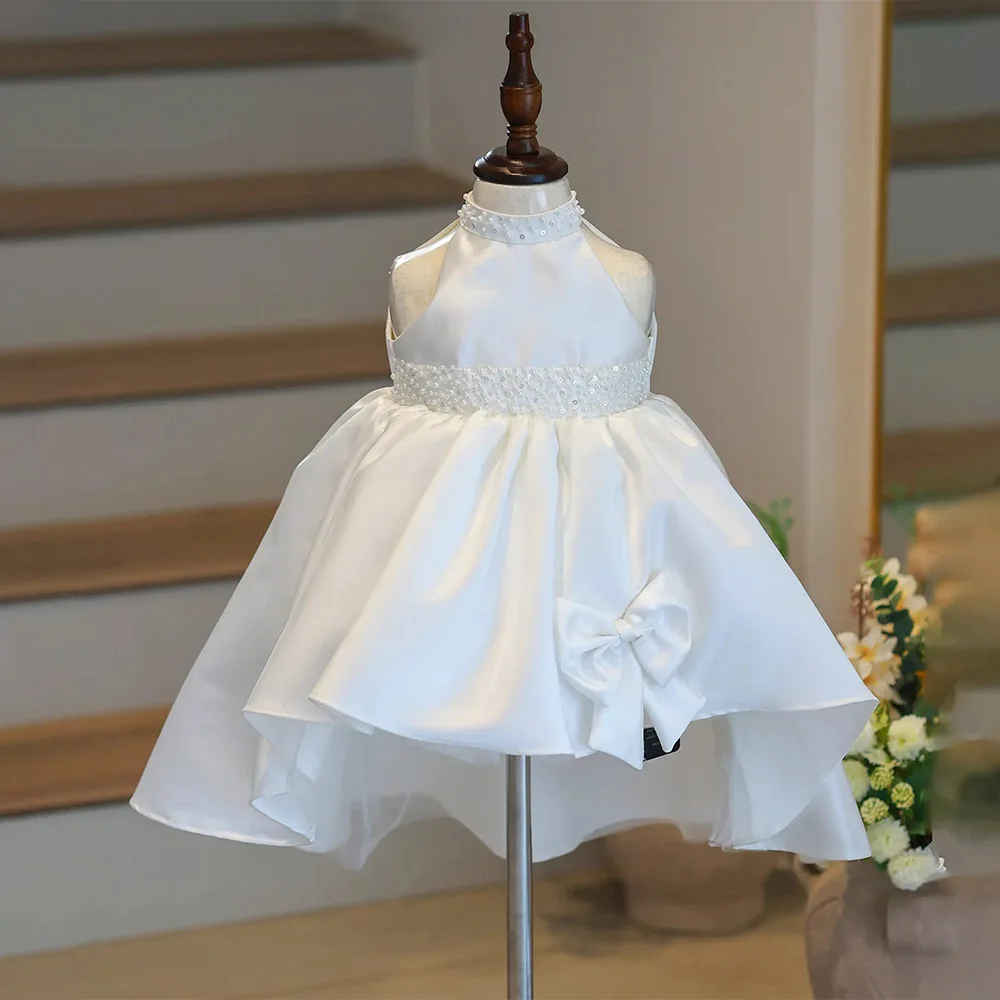 Customized Kid's Formal Party Dress Asymmetrical Pearls Sequined Halter Flower Girl Gown Hi-Low A Line Ivory Satin Girl's Dress