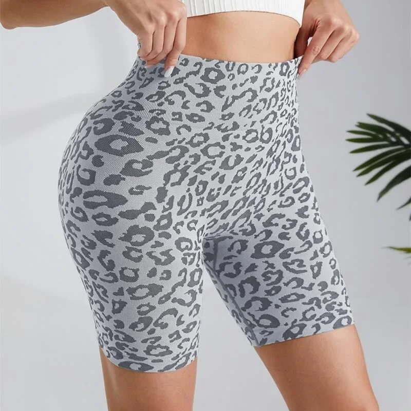 Leopard Print Women Sports Shorts Seamless Slim Shorts High Waist Hip Liftting Yoga Leggings Walking Cycling   Stretchy Shorts