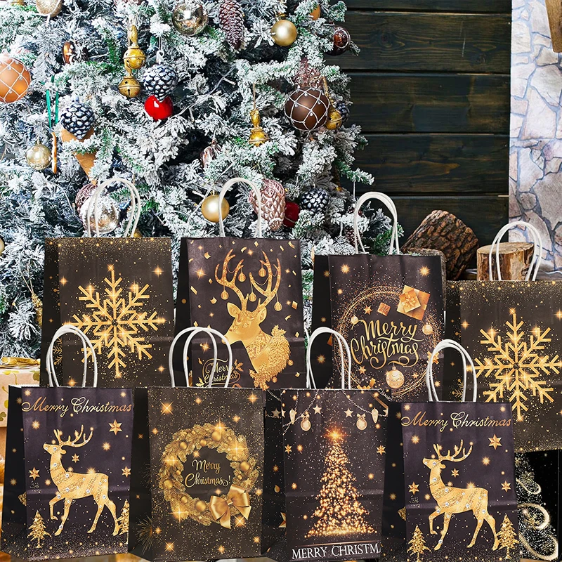 12/24pcs Gold Black Kraft Gift Bags with Handle Elk Snowflake Christmas Tree Bronzing Paper Bag Merry Christmas Party Favors Bag