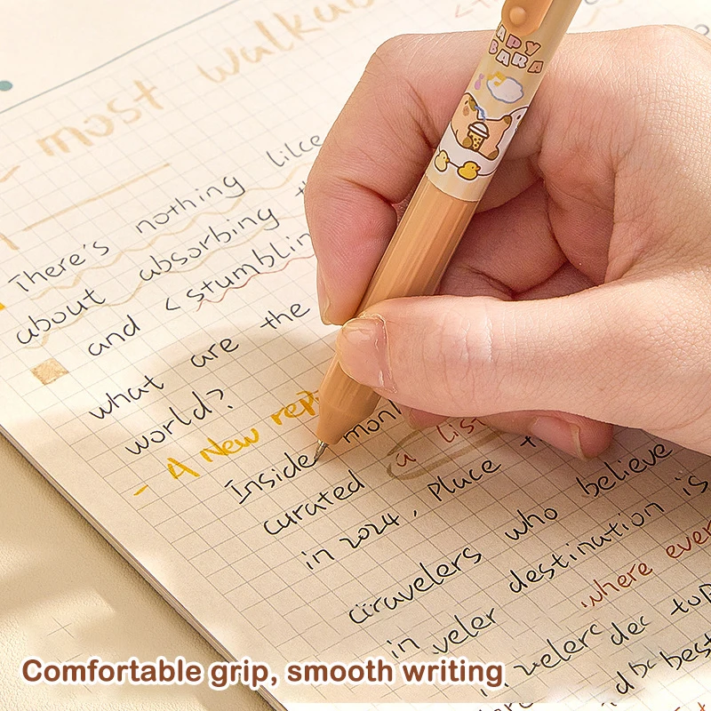 12 Buah Pena Gel Tekan Kapibara Lucu Kawaii Pena Hitam Kapasitas Besar Cepat Kering Pena Tanda Tangan Perlengkapan Kantor Sekolah