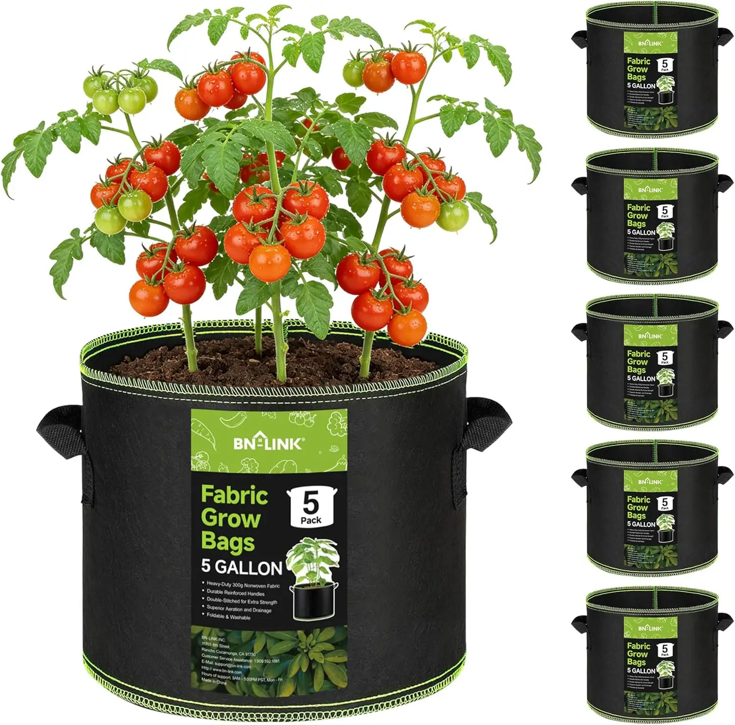 

5-Pack 5 Gallon Grow Bags, Heavy Duty Aeration Fabric Pots with Handles, Thickened Nonwoven Plant Bags for Vegetables, Flowers, Fruits