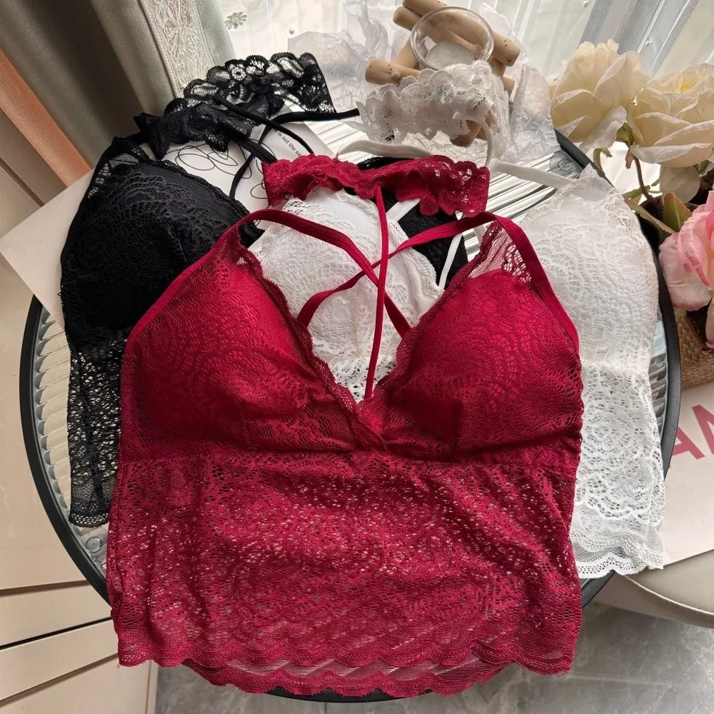 Pure Desire Thin Halter Tank Top Removable Bra Pads Stretch Fit Lace Bra No Steel Ring Backless Style Bustier Bra for Women