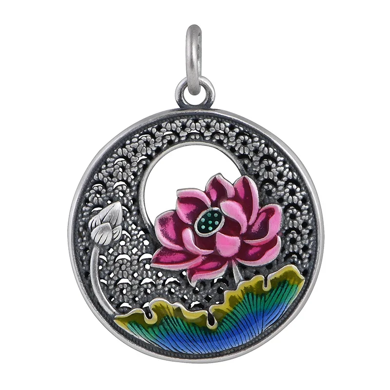 999 Silver retro folk style round hollowed out cloisonne lotus leaf women's Pendant