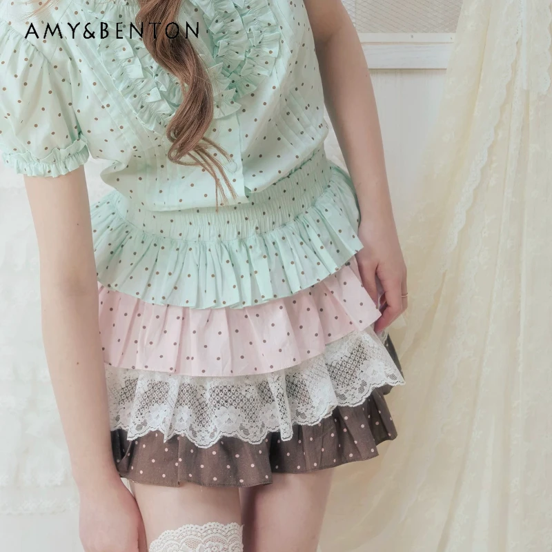 Original Retro Design Splicing Polka Dot Lace Women's Skirt 2026 New Sweet Cool Versatile Ruffle Leaf Edge Short Skirts ladies