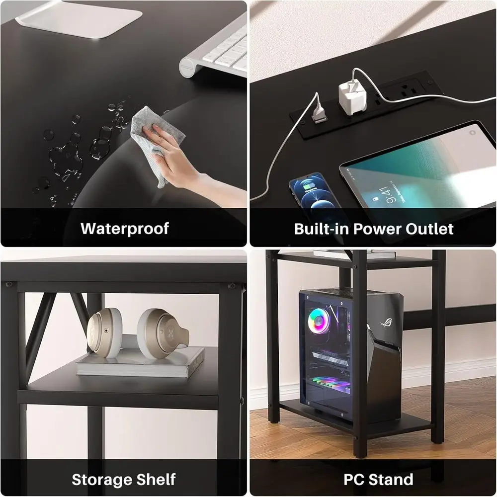 Reversible L Shaped Computer Desk with Magic Power Outlet, Sturdy Office Corner Desk, L Shape Gaming Table with Storage Shelf, B