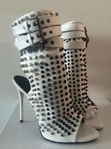 Gold Crystal Stud Embellished Short Ankle Boots Cut-outs Peep Toe Sandal Boots High Heels Summer Lady Suede Boots Shoes