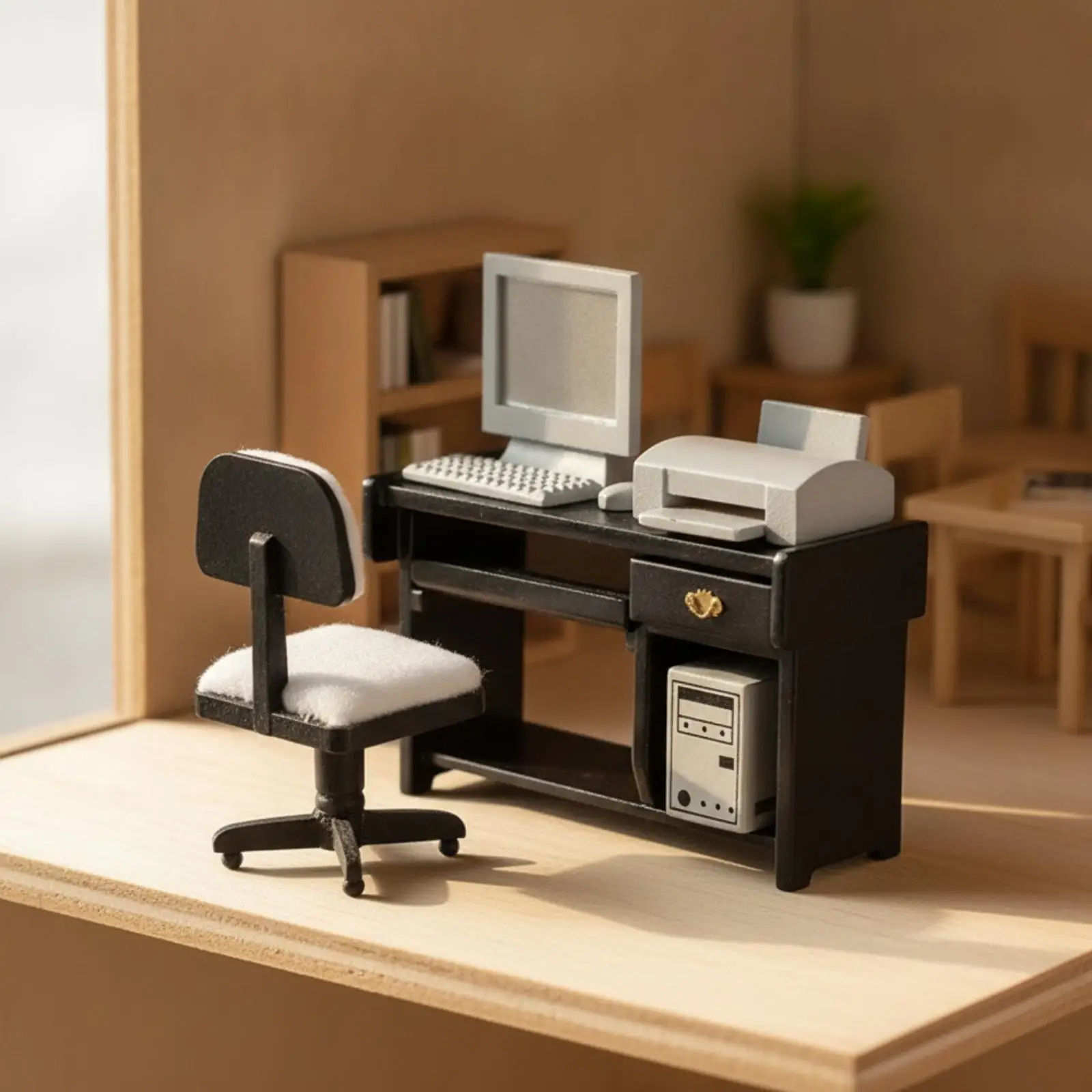 Miniature Computer Desk T Birch Wood Dollhouse Furniture Set with Chair Printer for