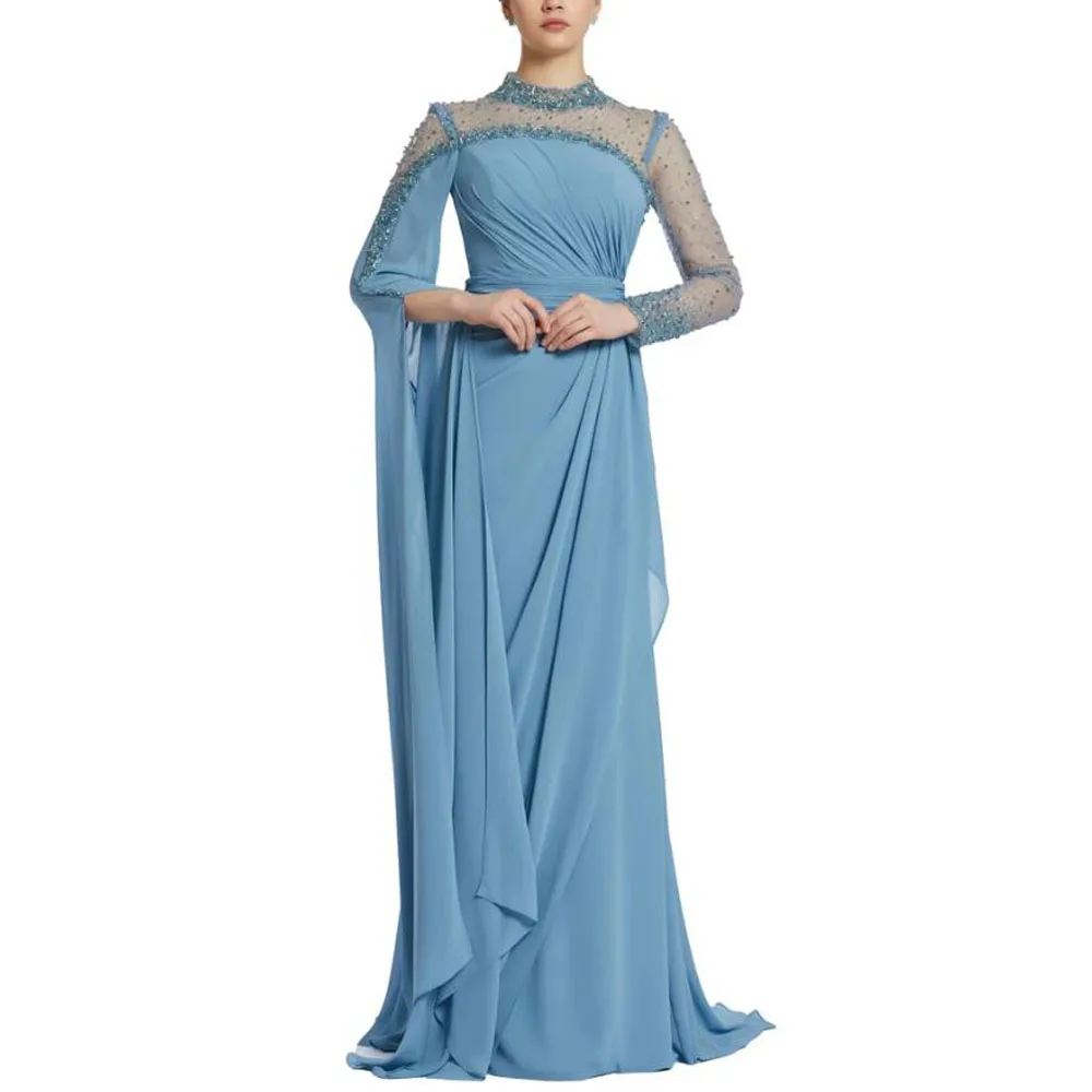 

Customized Bead Embroidey Long Evening Dresses Pleat Chiffon Evening Gown with Cape Sleeve Mermaid Special Occasion Dress