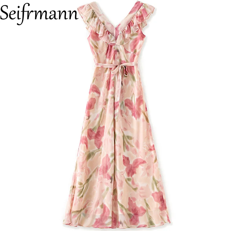 Seifrmann Abito lungo da donna alla moda con stampa floreale senza maniche con bordo a balze Splicing Abiti da ballo casual a vita alta