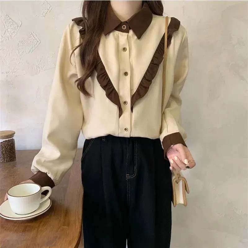 Women Corduroy Shirts Vintage Ruffles Lovely Autumn Winter Long-sleeved Shirt for Girls Aesthetic Fashion New Design Clothing