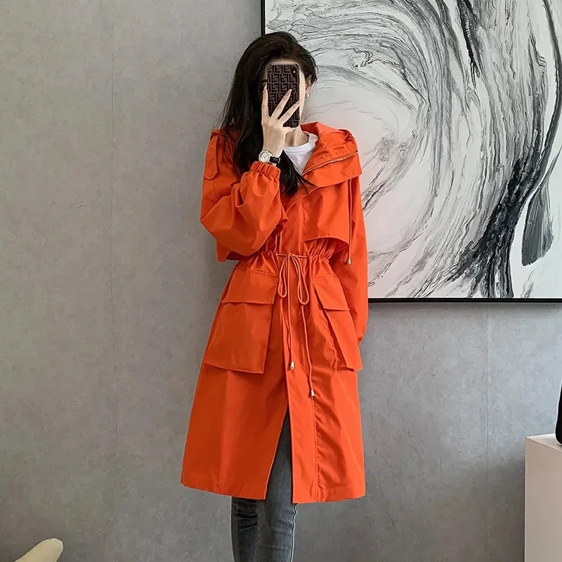 

2025 Korean Vintage Women's Long Trench Coat Casual Windbreak Jacket Women Hood Drawstring Jacket Oversized Jaquetas