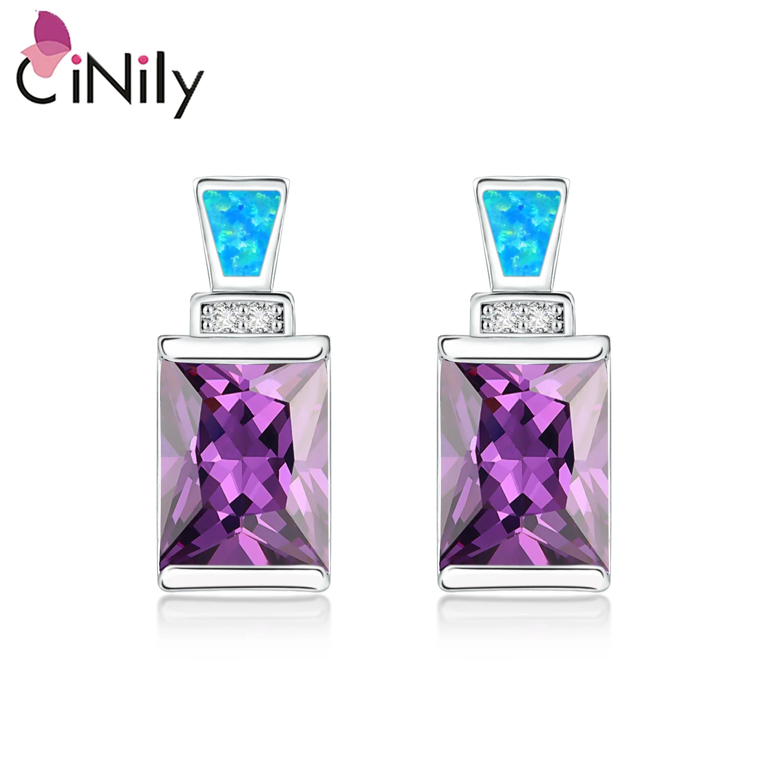 CiNily Geometric Blue Fire Opal Stud Earrings Silver Color Square Purple/White Zirconia Crystal Lavish Party Jewelrys For Woman