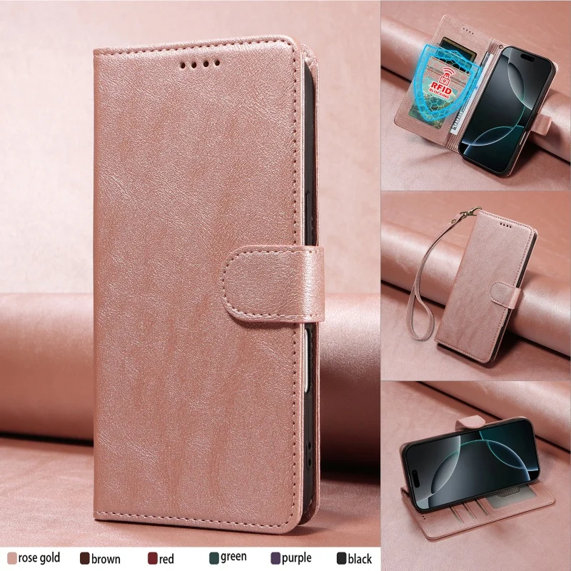 RFID Leather Wallet Phone Case for Samsung Galaxy S26 Ultra S25 Plus S24 FE S23 S22 S21 S20 Wrist Strap Card Holder Cover Hoesje