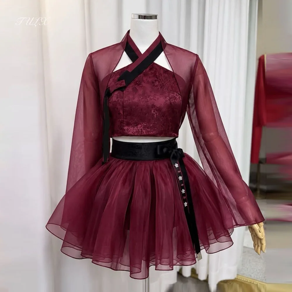 Корейское мини-платье TULX Wine Red из органзы с длинными рукавами, 2 предмета, для фотосессий, вечеринок, выпускных, А-силуэт, на заказ