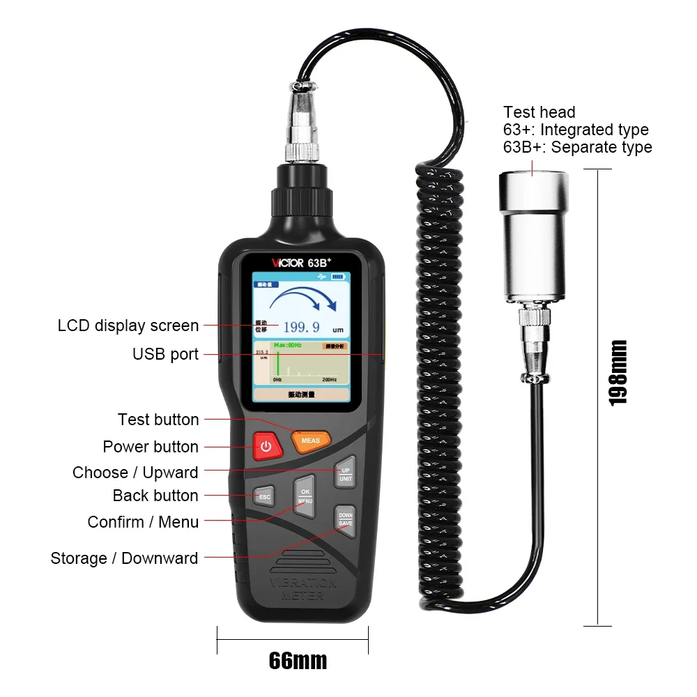 VICTOR Digital Vibration Detector Hi-sensitivity Probe Velocity 0~1999um Displacement/Acceleration Color Screen Vibration Meter