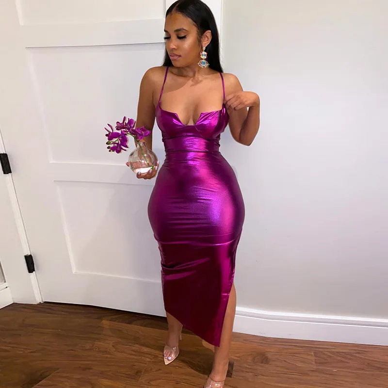 Sequins Spaghetti Strap Pleated Women's Prom Skirt Deep-V Neck High Split Backless Bandage Dress Purple Mid-Waist Party Gown