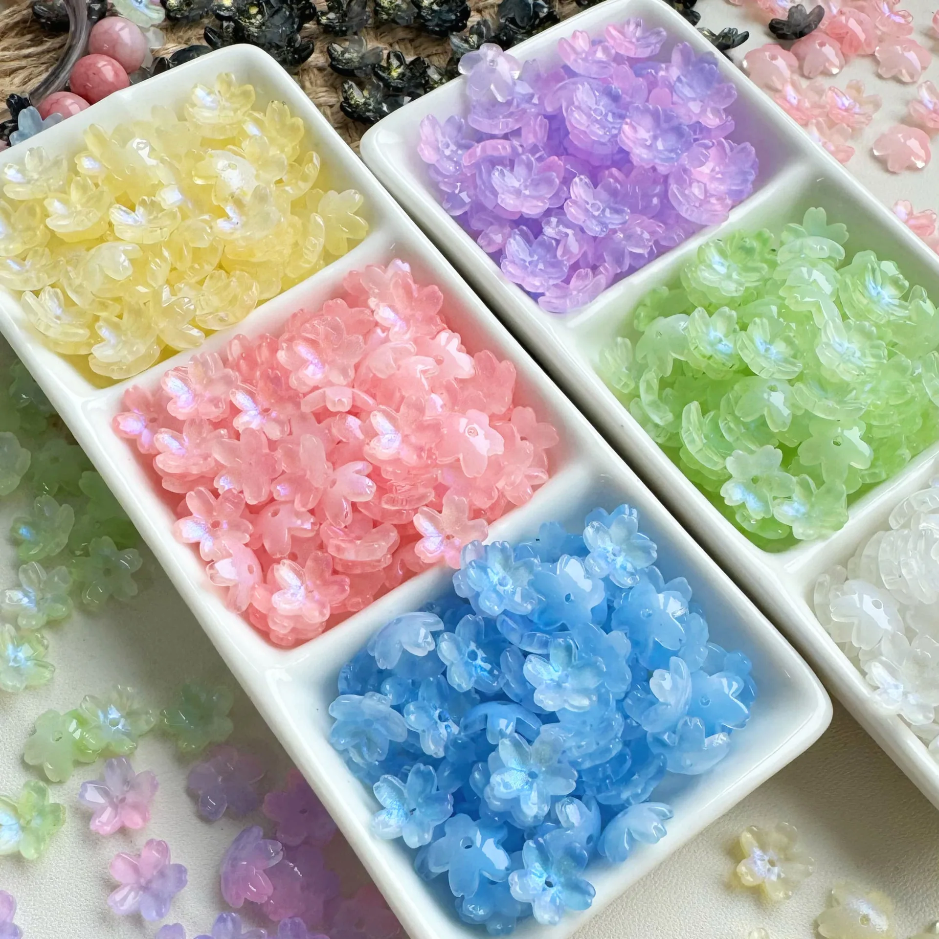 30PCS 10mm Blue Light Cherry Blossom Glass Beads Loose Spacer Beads For Jewelry Making DIY Bracelet Necklace Accessories