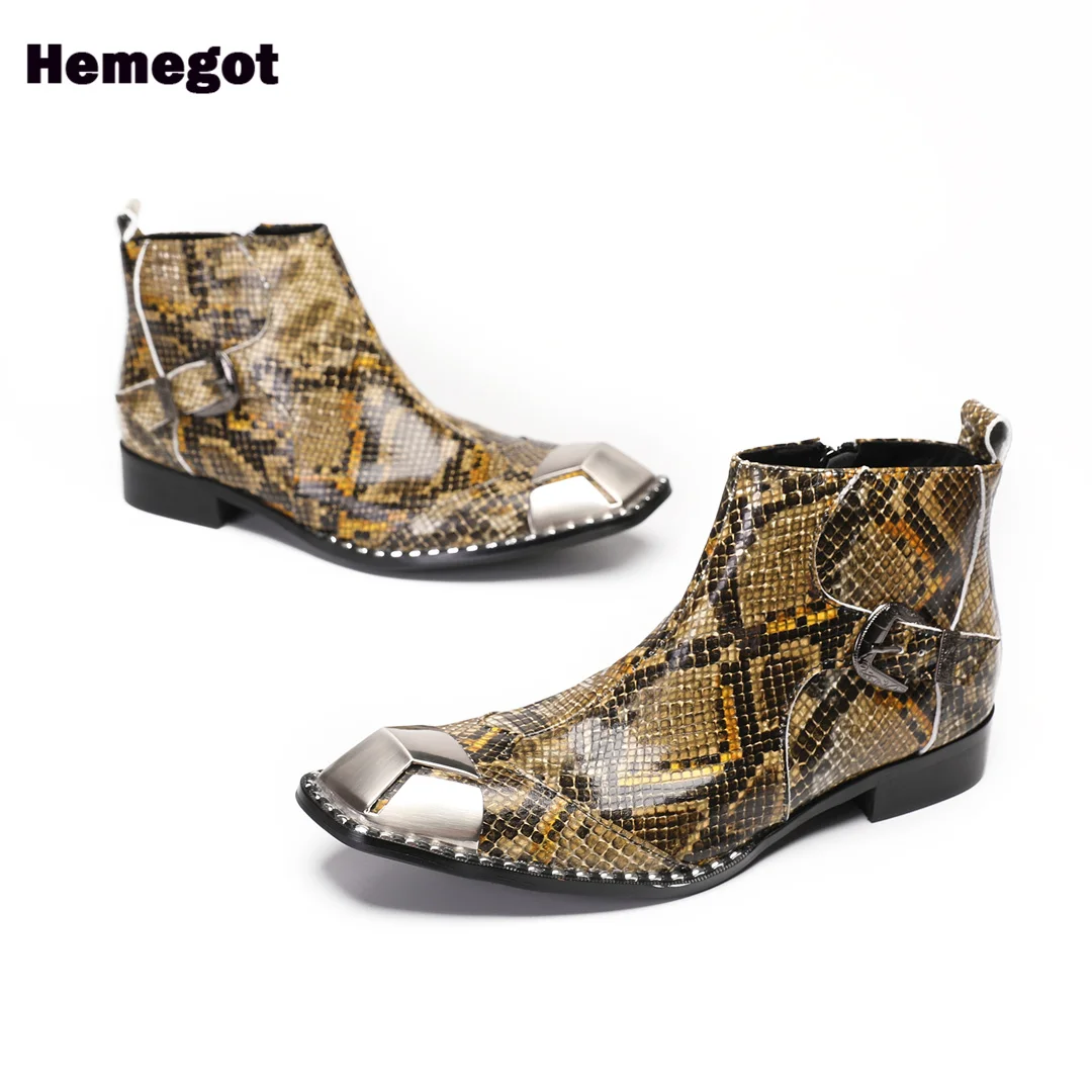 Snake Pattern Men's Boots High-Top Leather Square Toe Novelty Stylish Side Zipper Men Boots Size 37-47 Botas Zapatillas Mujer