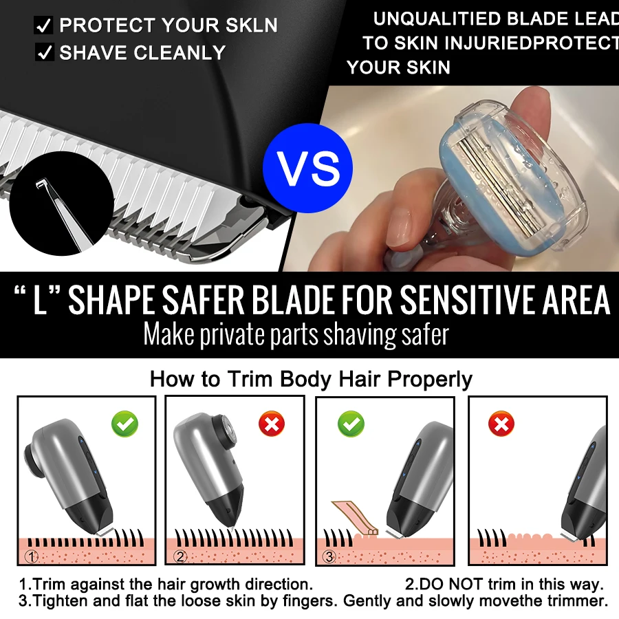 2 in 1 Mini Body Hair Trimmer, Rotary Shaver & Safe L-Shape Groin Trimmer