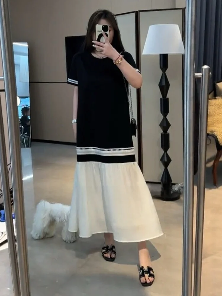 Color Block Hollow out Dress Women's plus Size Conceal Belly Slimming Long Dress French Style High Waist Straight Tube Skirt