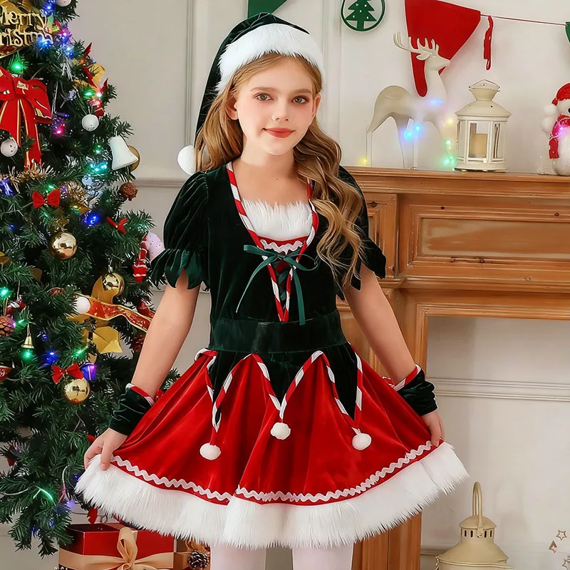 أزياء عيد الميلاد للأطفال فستان سانتا كلوز للفتيات حفلة عشية عيد الميلاد مع حزام قبعة للأطفال بدلة شتوية قطيفة للعطلات