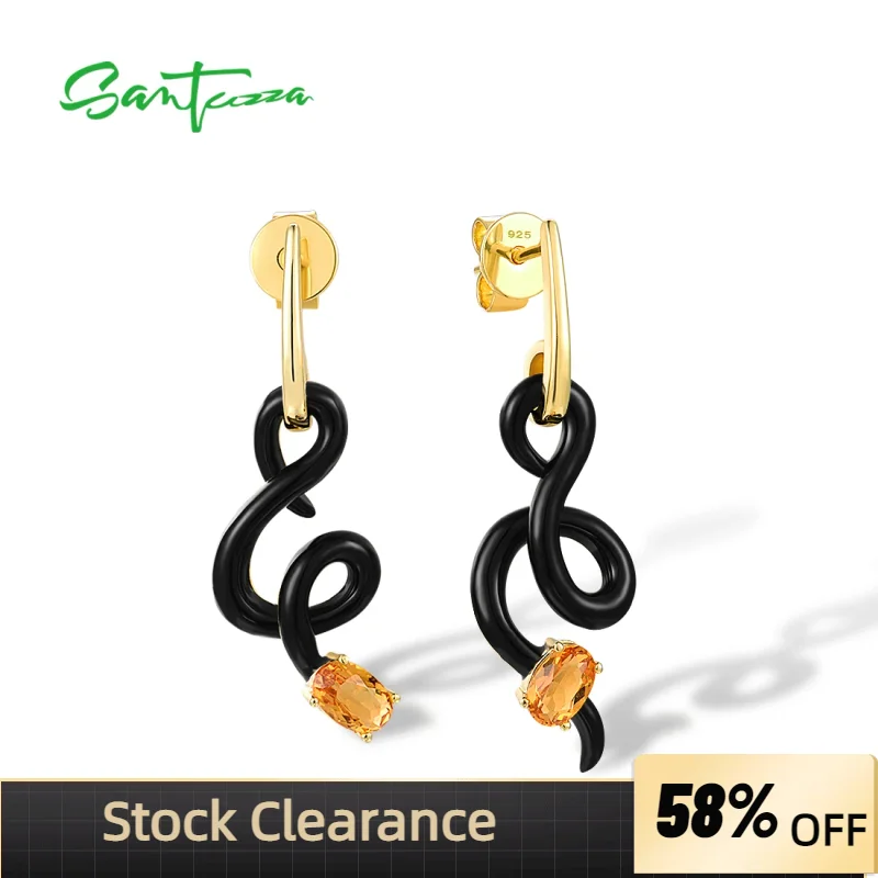 SANTUZZA 925 Sterling Silver Earrings For Women Yellow Stone Irregular Asymmetric Curved Line Black Enamel Fine Jewelry Handmade