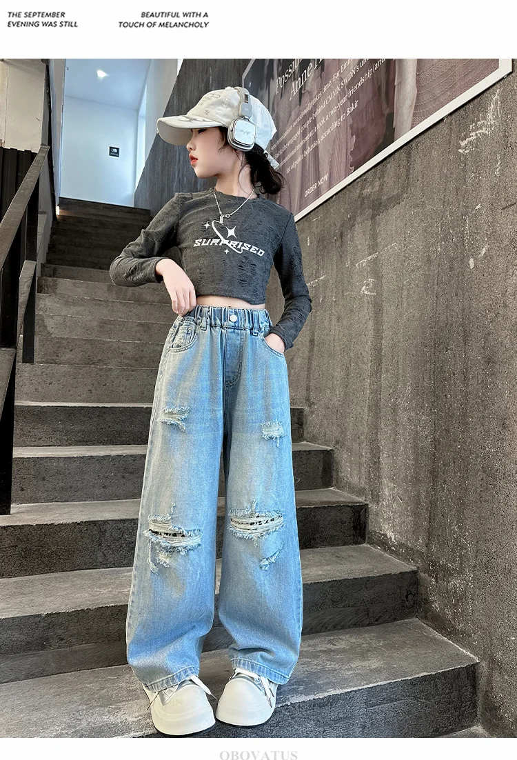 Zerrissene Jeans für Mädchen, Frühlingsmode, Löcher, Kinder, Ripped Pants, elastische Taille, Kinderkleidung für Teenager, koreanische Jeanshosen – Detail 8