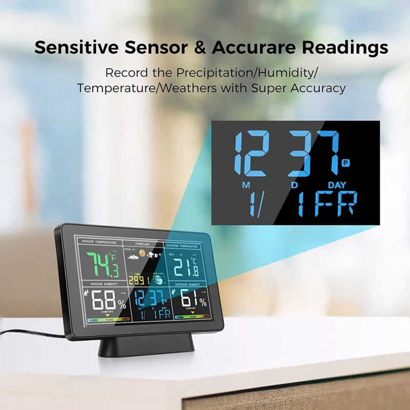 Weather Station 7.5 Inch Color Screen Indoor/Outdoor Wireless Thermometer Temperature and Humidity Monitor with Atomic Clock