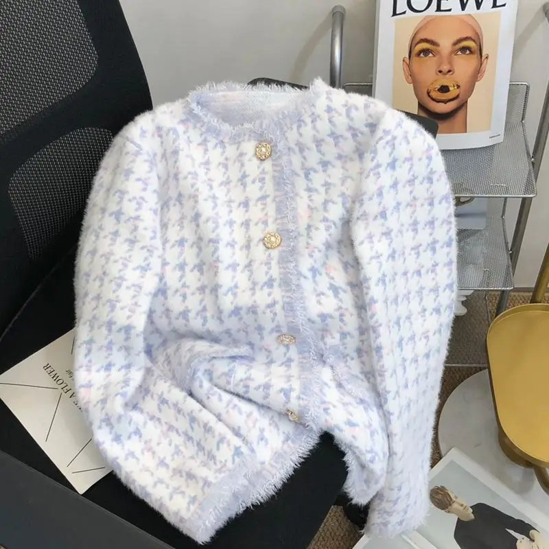 Damski kardigan z dzianiny na jesień 2025, sweter w wzór tysiąca ptaków, imitacja aksamitu norkowego, luźna kurtka z temperamentem.