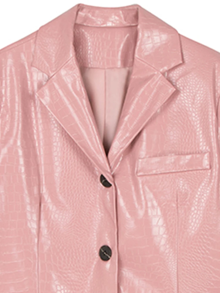 Lautaro – Blazers femininos de couro PU com estampa de crocodilo, jaqueta de peito único, reflexivo brilhante, preto, rosa, primavera, moda
