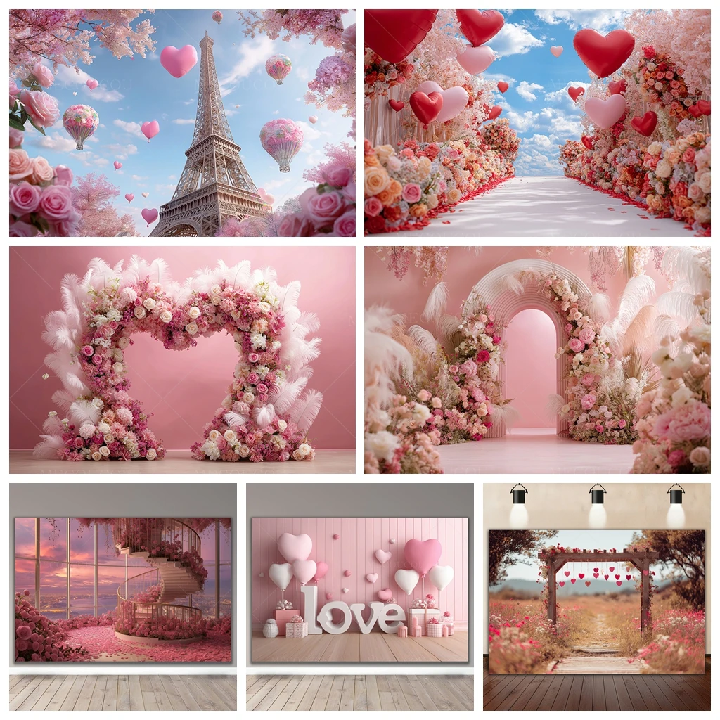 

Valentine's Day Pink Romantic Eiffel Tower Backdrop Flower Wall Photo Proposal Birthday Party LOVE Theme Photography Background