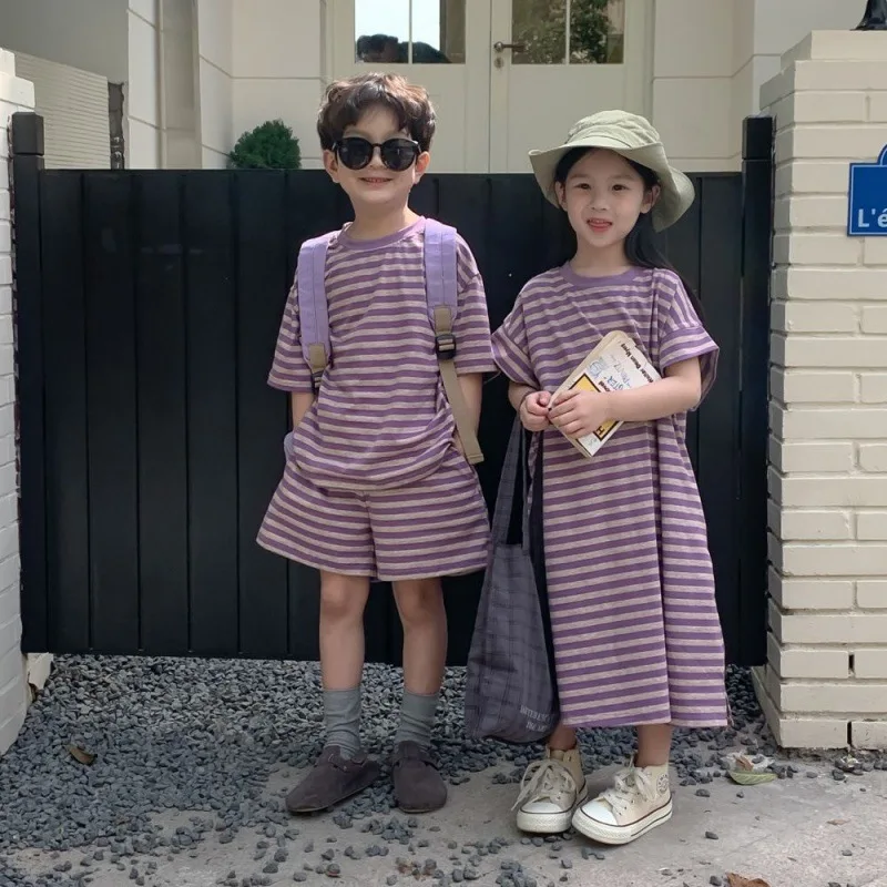 Family Summer Clothes Sister Brother Matching Twins Outfits Korean Mom Daughter Equal Dress Dad and Son Clothing Kids Boys Sets