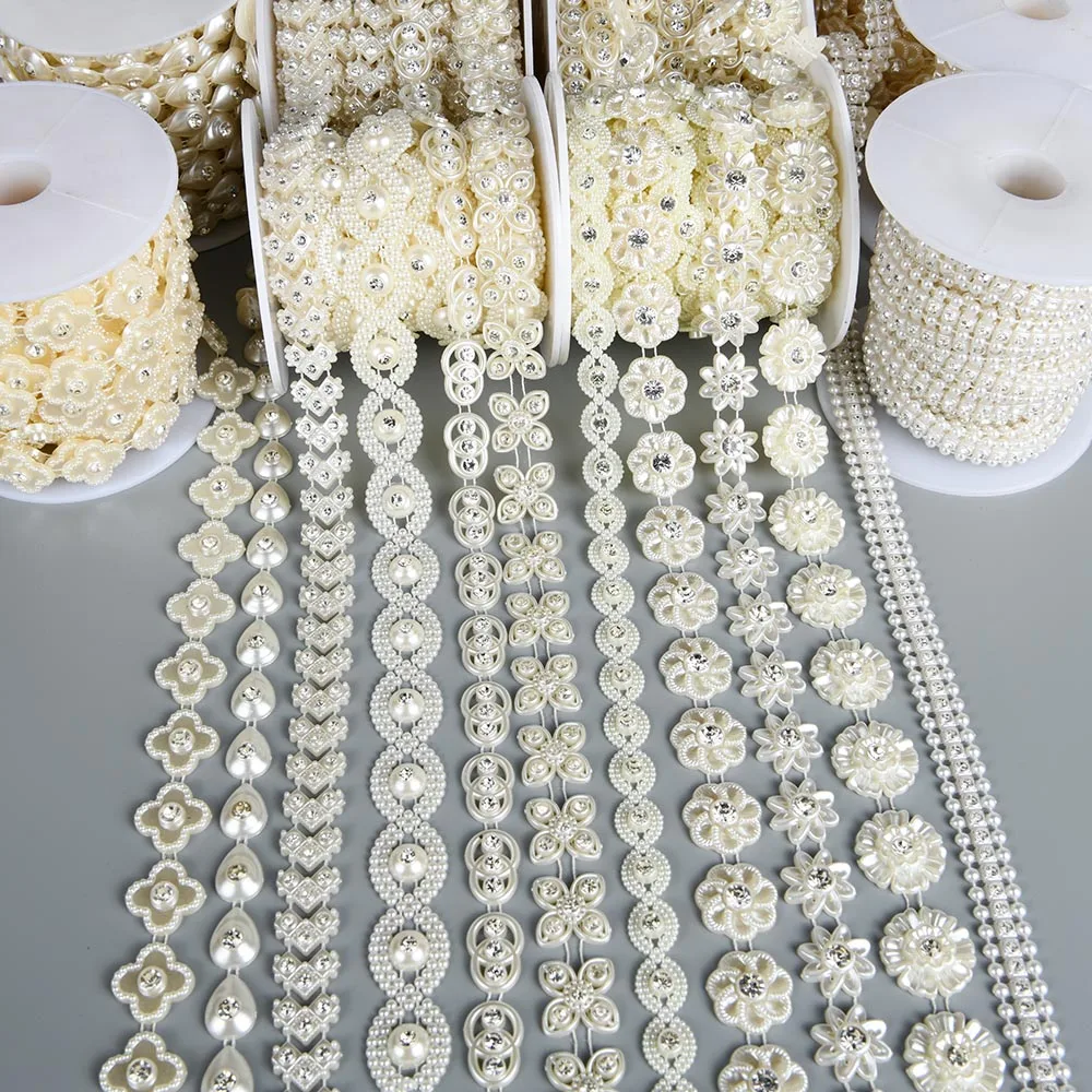 1Yards Imitation Pearl Beaded Chain Trim Garland Strand for Door Curtain Wedding Decoration DIY Embellished Rhinestone 39 Styles