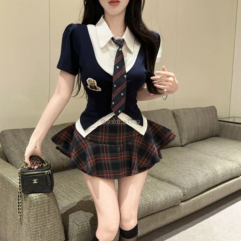 2025 nuove donne estate corea giappone moda jk uniforme camicia a maniche corte, top gonna a quadri set due pezzi sexy dimagrante jk set