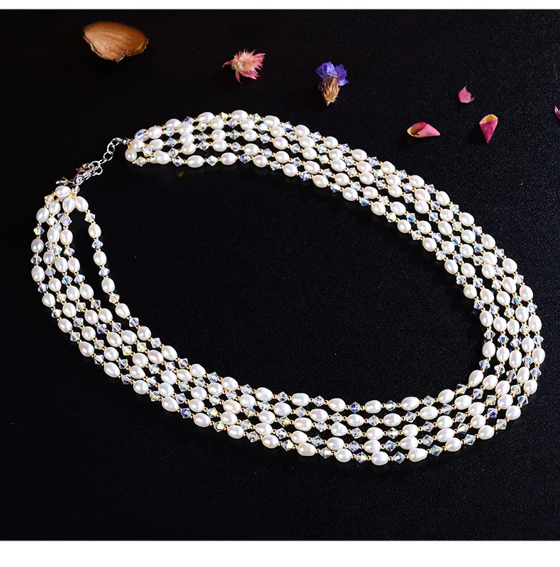 18-25'' 4mm Austrian crystal and 60mm White Rice Pearl Necklace