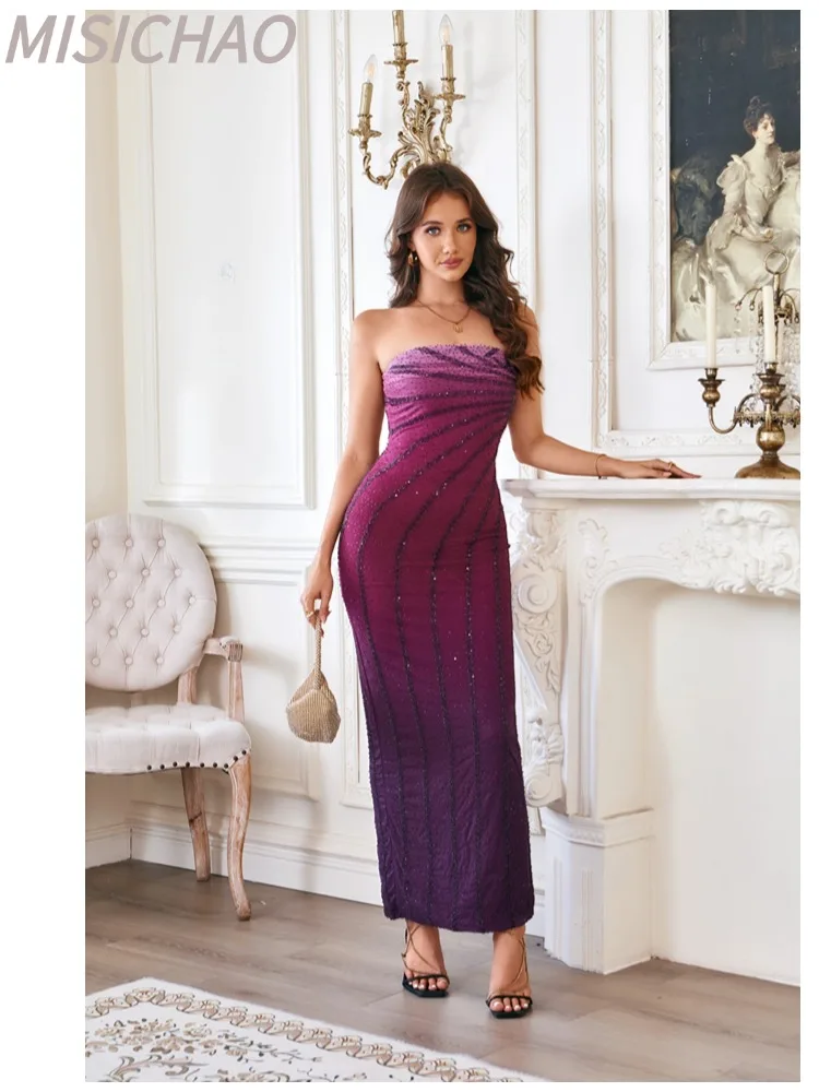 MISICHAO Women's Bandeau Deep Purple Stripe Sequin Slim Fit Mermaid Long Gown Side Slit Formal Evening Party Prom Dress