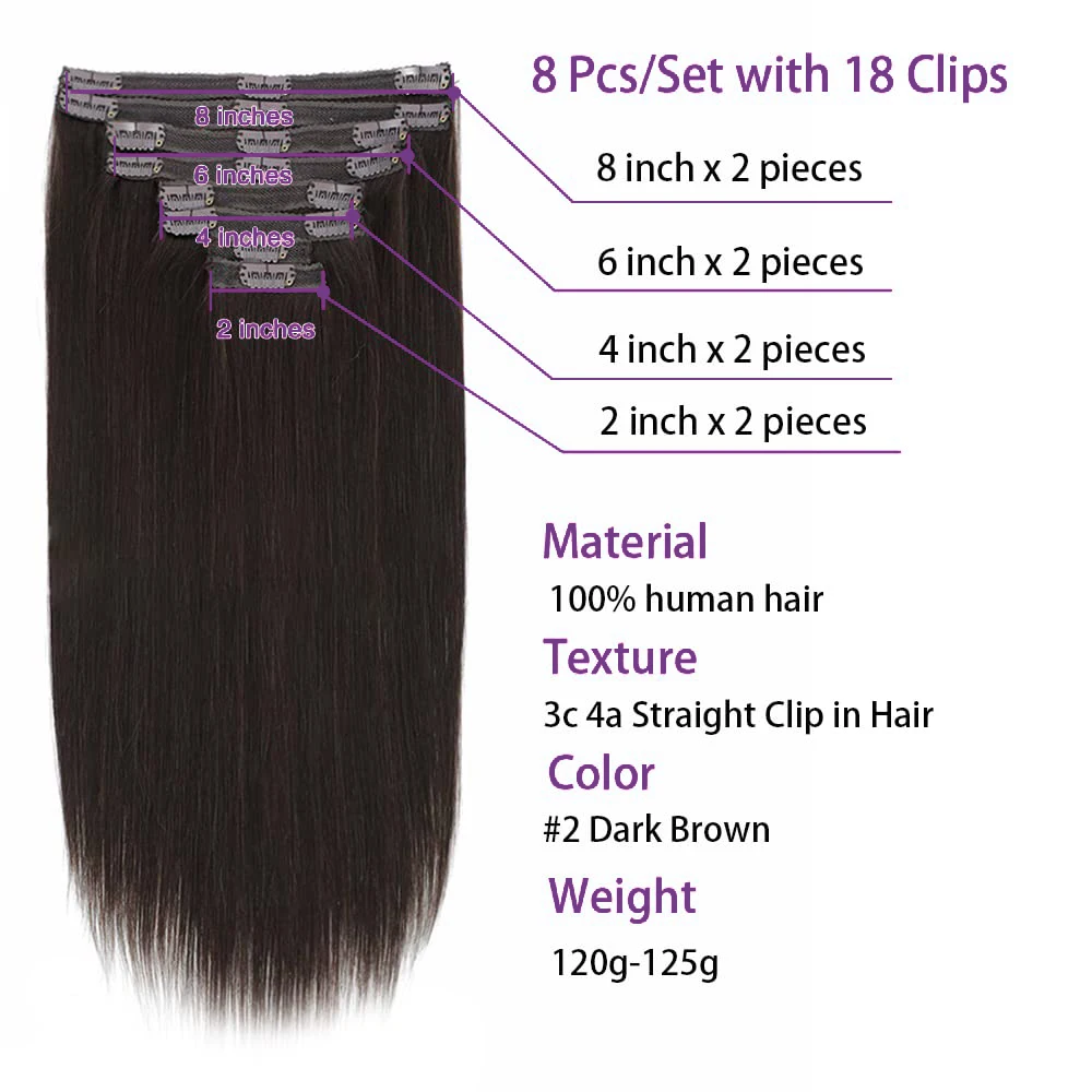 Dark Brown Clip In Hair Extensions Straight Human Hair 120G 240G Per Pack Full Head Set Clip Ins 8Pcs Double Weft For Women