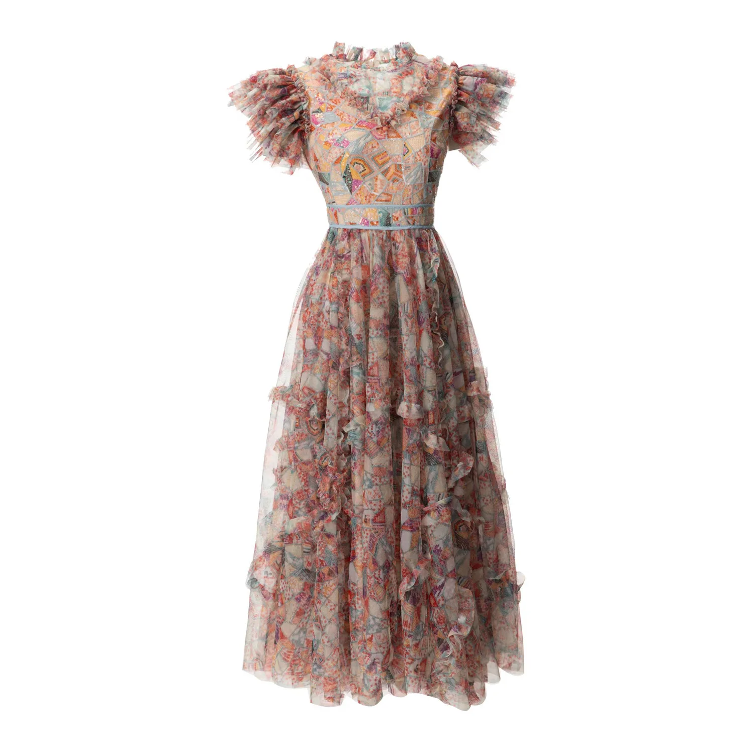 

Europe and the United States women's 2024 summer new Stand collar Short sleeve mesh printing fashion Pleated dress XXL