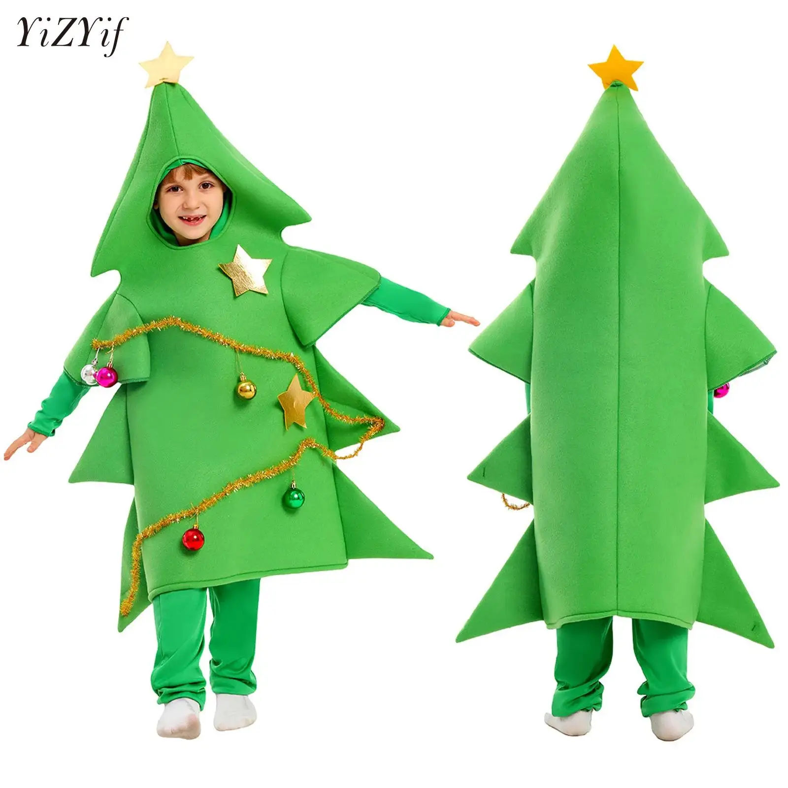 زي شجرة عيد الميلاد ثلاثي الأبعاد للبالغين للأطفال الأولاد والبنات مع حواف ذهبية وكرات قطيفة ملونة زي تنكري شجرة مضحكة #1