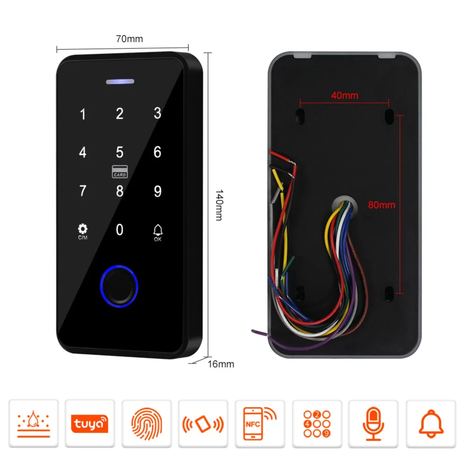 

NFC Bluetooth APP Клавиатура контроля доступа Водонепроницаемая RFID-клавиатура 13,56 МГц Биометрический отпечаток пальца Сенсорная подсветка Устройство открывания дверей