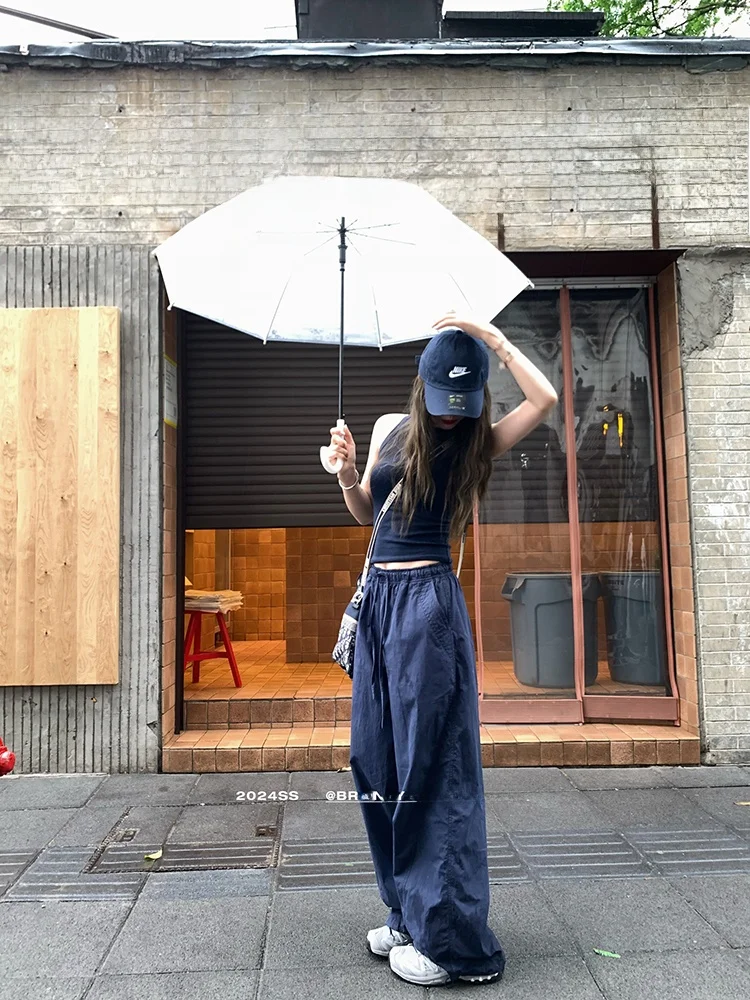 

Casual Wide Leg Pants Breathable Drawstring Airy Workwear Style Cotton Nylon Blend Pocket Detail Loose Fit Ladies Trousers