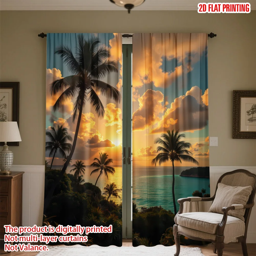 

2D flat printing 2pcs Party Curtains Tropical Sunset with Palms(1) Digital Printed Polyester Drapes Holiday Decorations Perfect