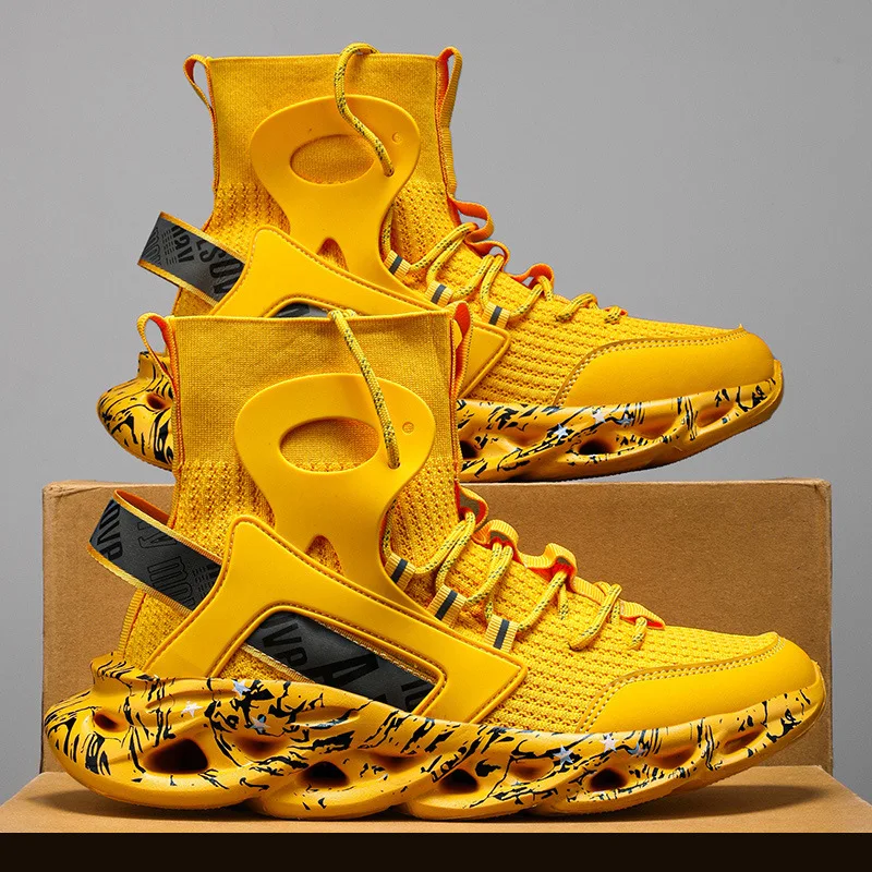 Lightweight Plus Size Men's Shoes High Top Casual Fly Woven Socks Shock-absorbing Walking Boots Trendy Sports Running Shoes 2025