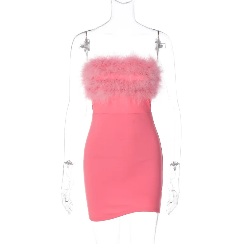 Sexy Faux Fur Strapess Mini Dress Women Wrapped Chest Sleeveless Backless Bodycon Night Club Party Elegant Female Clothing 2023