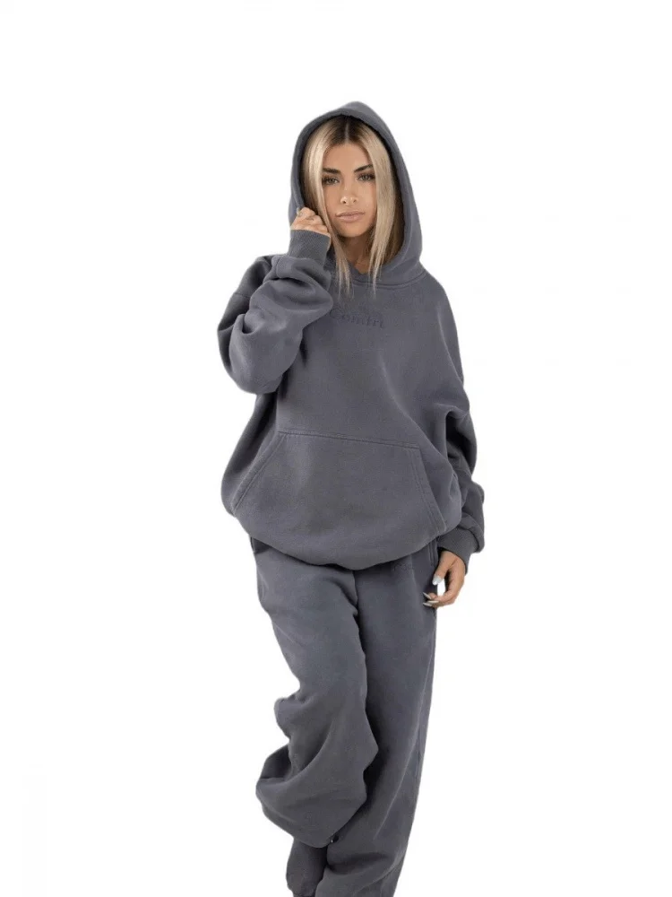 Comfort Letter Embroidered Fce Hoodie And Pants Set Women's Autumn Winter Thiened Cotton Long Sve Ladies Outfits